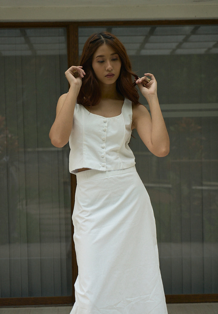 Martini White Square Colar Button Closure Crop Tank Top