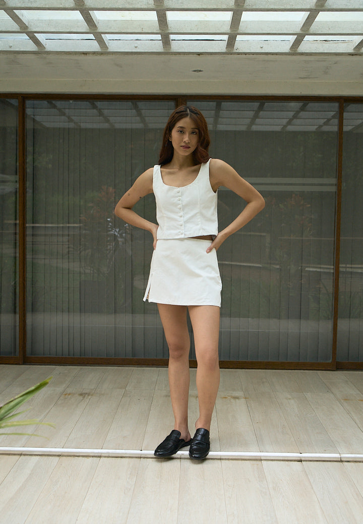 Vanaia In Oat Elastic Back Waist Side Zipper Mini Skirt