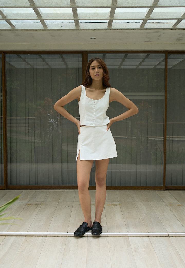 Vanaia In Oat Elastic Back Waist Side Zipper Mini Skirt