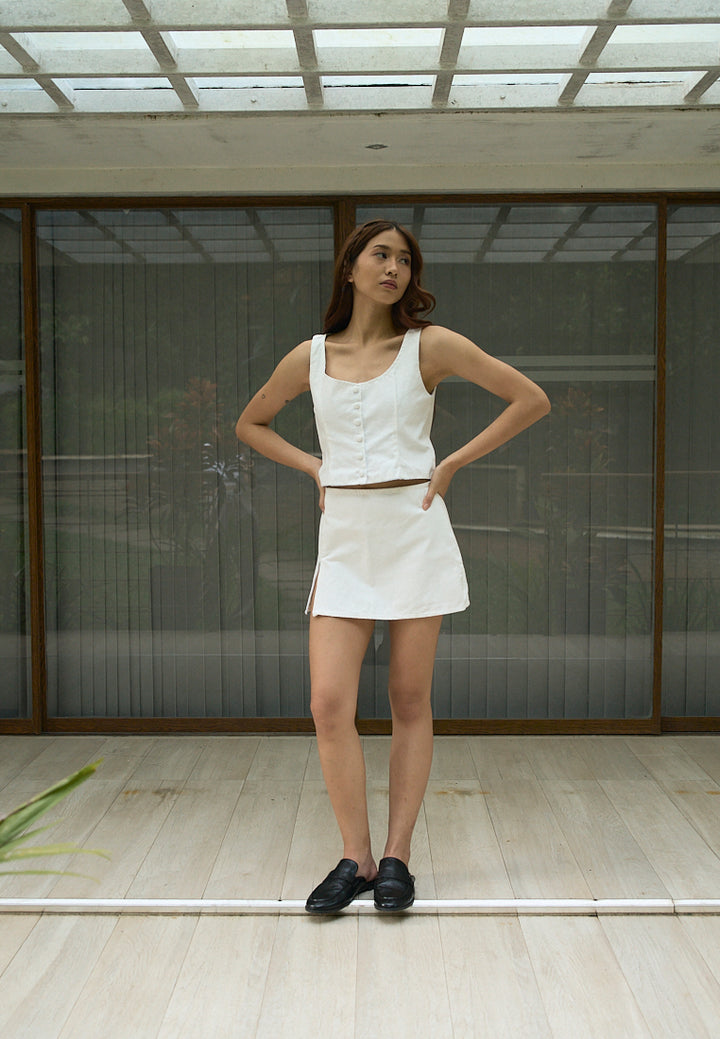 Vanaia In Oat Elastic Back Waist Side Zipper Mini Skirt