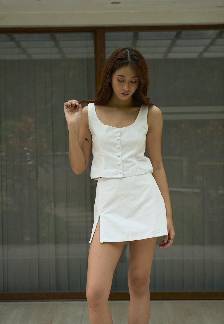 Vanaia In Oat Elastic Back Waist Side Zipper Mini Skirt