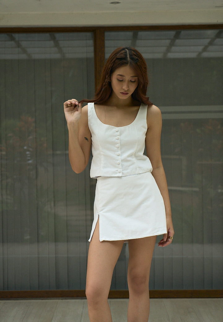Vanaia In Oat Elastic Back Waist Side Zipper Mini Skirt
