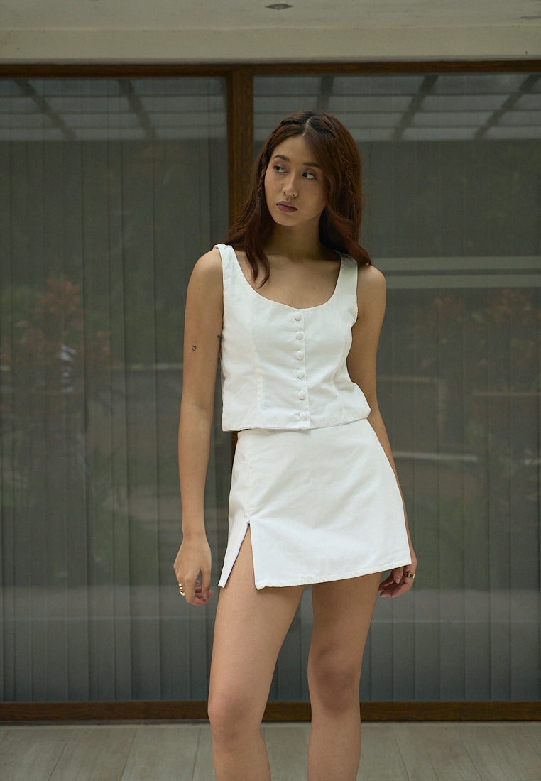 Vanaia In Oat Elastic Back Waist Side Zipper Mini Skirt