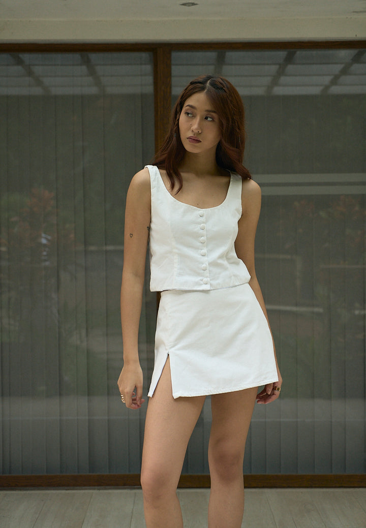 Vanaia In Oat Elastic Back Waist Side Zipper Mini Skirt