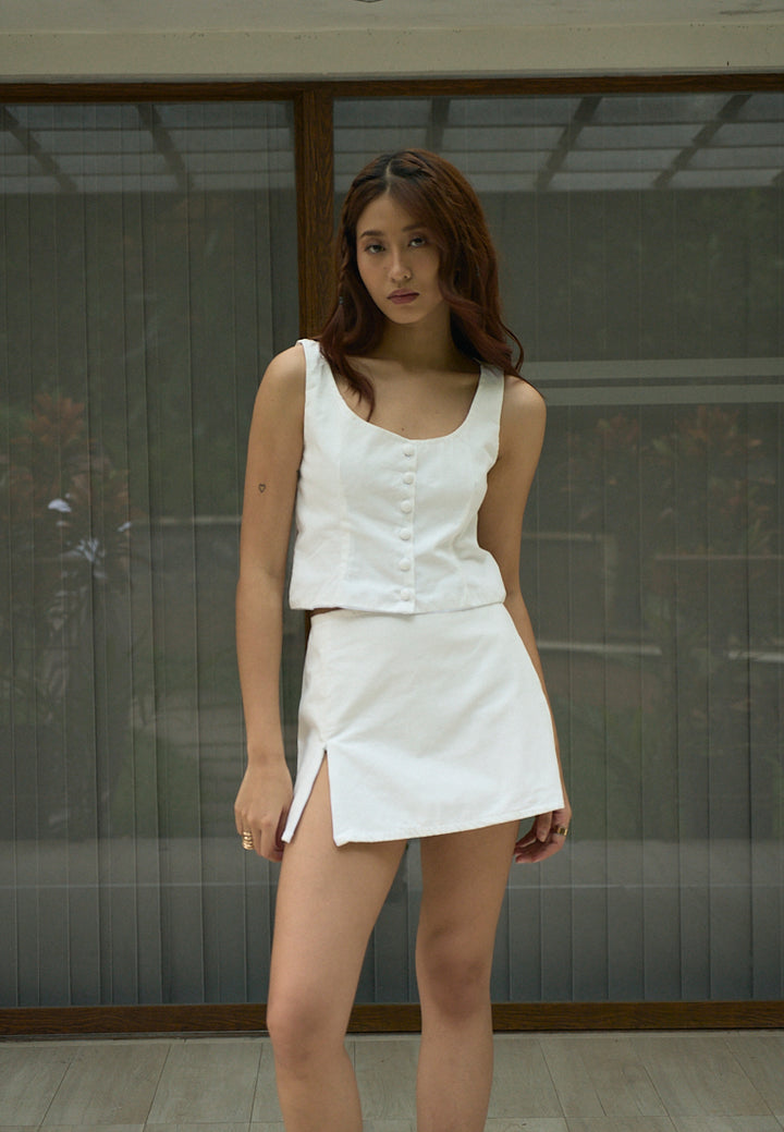 Vanaia In Oat Elastic Back Waist Side Zipper Mini Skirt