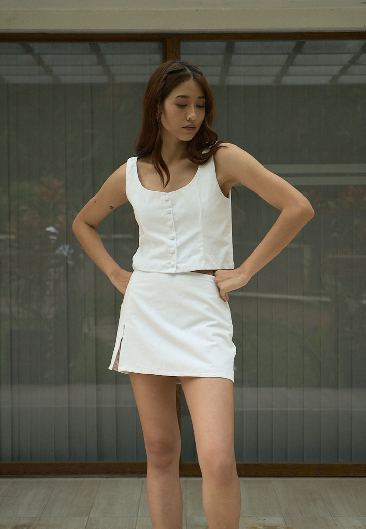 Vanaia In Oat Elastic Back Waist Side Zipper Mini Skirt