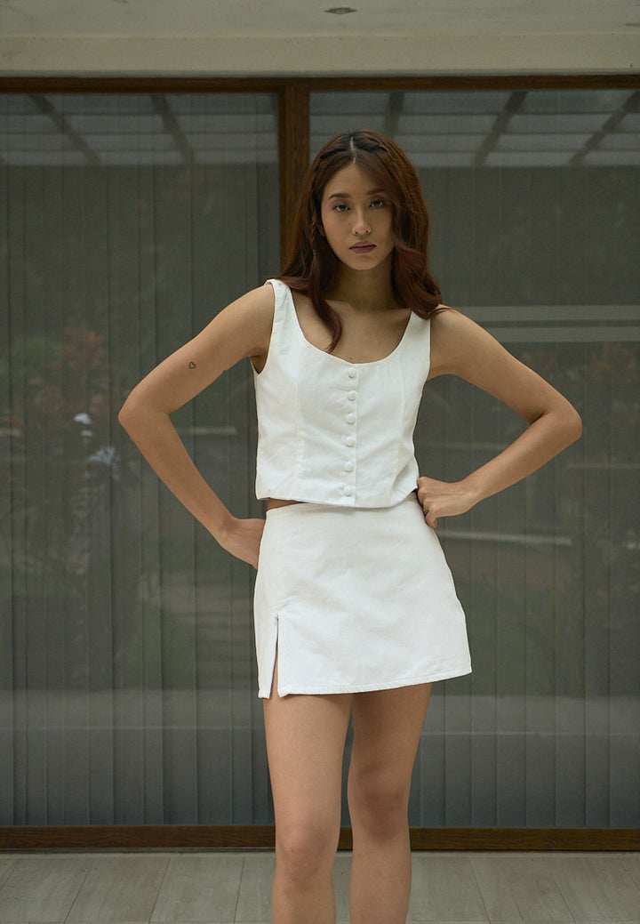 Vanaia In Oat Elastic Back Waist Side Zipper Mini Skirt