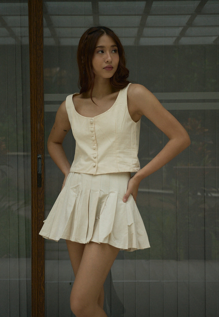 Verity Beige Zipper Fly Elastic Waist Pleated Mini Skirt