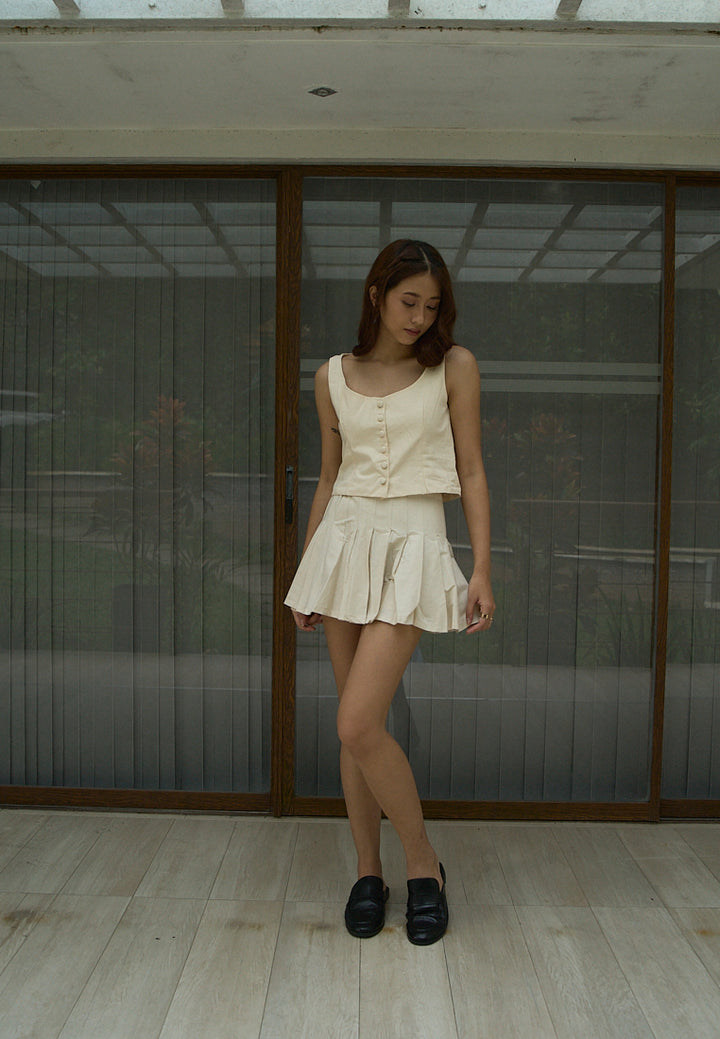Verity Beige Zipper Fly Elastic Waist Pleated Mini Skirt