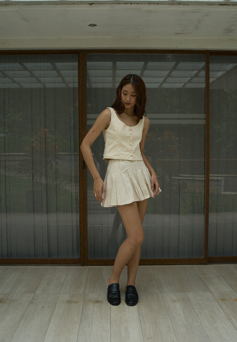 Verity Beige Zipper Fly Elastic Waist Pleated Mini Skirt