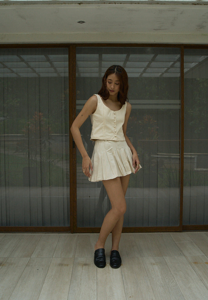 Verity Beige Zipper Fly Elastic Waist Pleated Mini Skirt