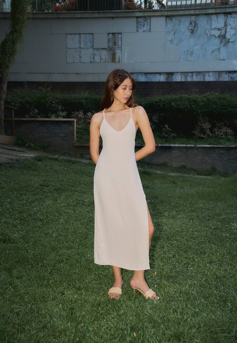 Merith Blush Pink V-Neck with High Slit Midi Dress