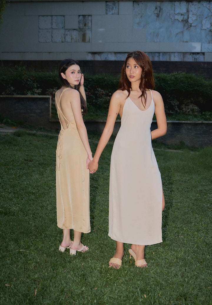 Merith Khaki V-Neck with High Slit Midi Dress