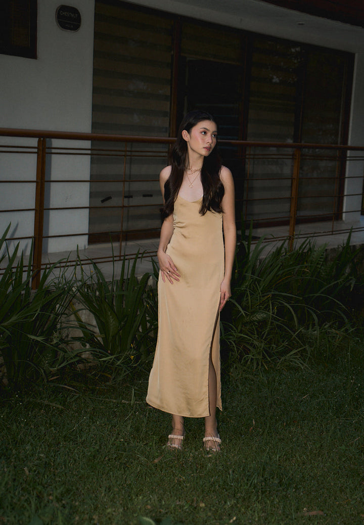 Merith Khaki V-Neck with High Slit Midi Dress