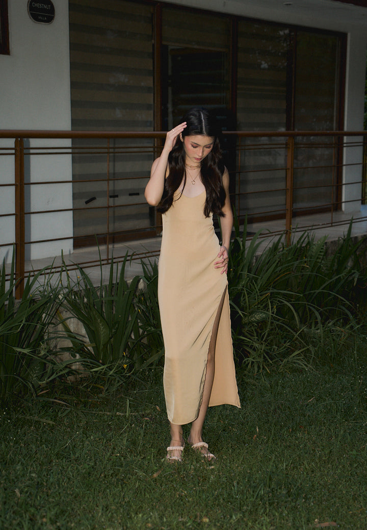 Merith Khaki V-Neck with High Slit Midi Dress