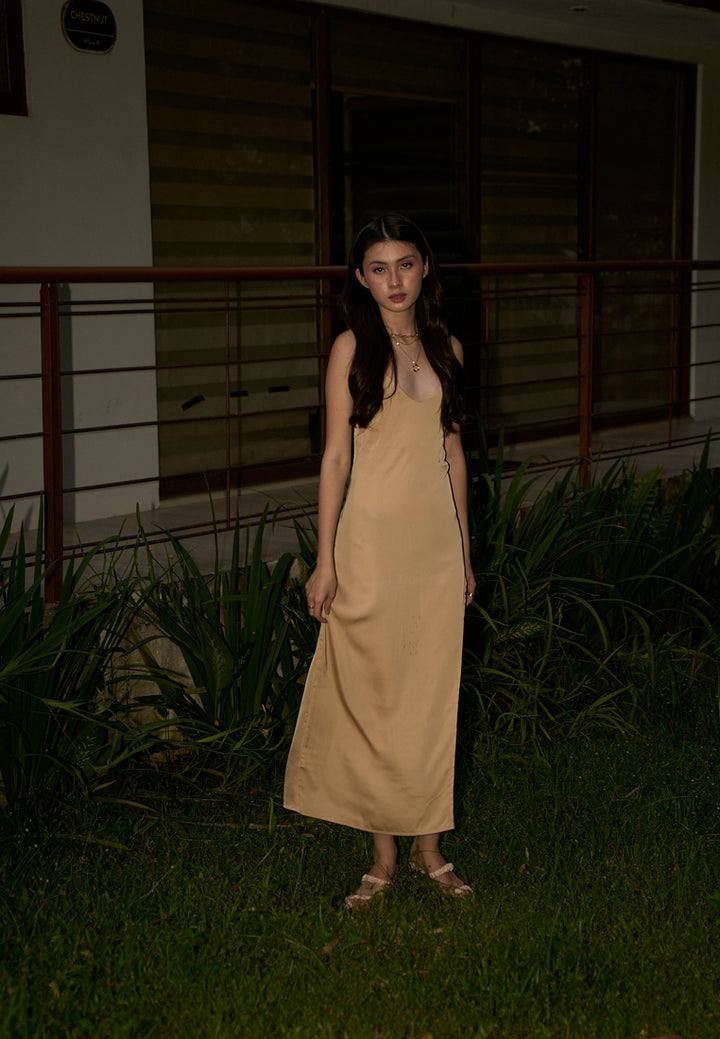 Merith Khaki V-Neck with High Slit Midi Dress