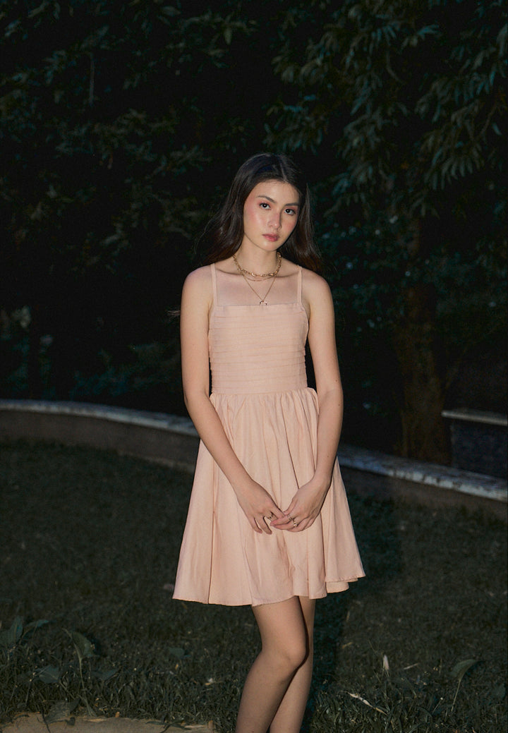 Seita Pink Linen Pleated Sleeveless Criss Cross Zipper Back Mini Dress