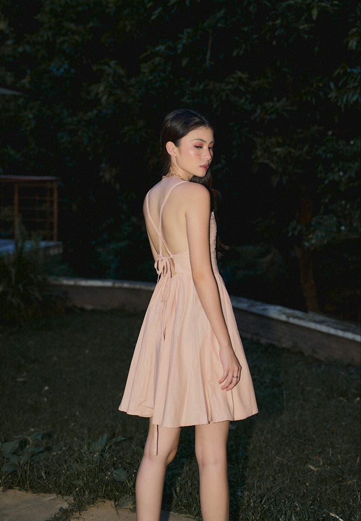 Seita Pink Linen Pleated Sleeveless Criss Cross Zipper Back Mini Dress