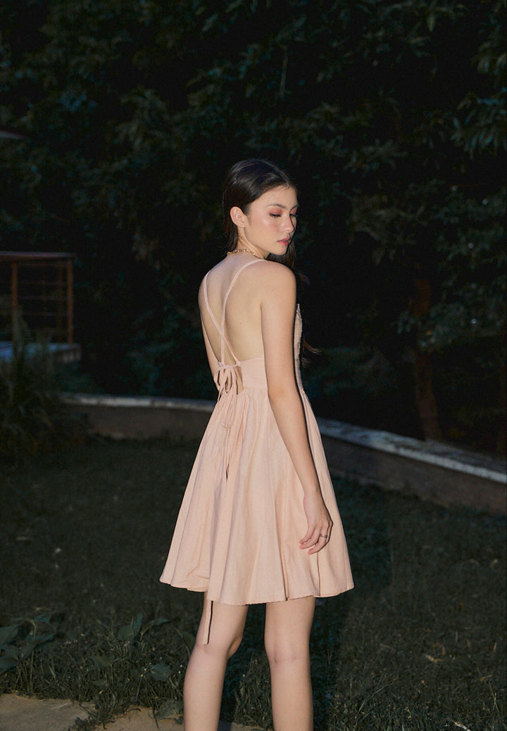 Seita Pink Linen Pleated Sleeveless Criss Cross Zipper Back Mini Dress