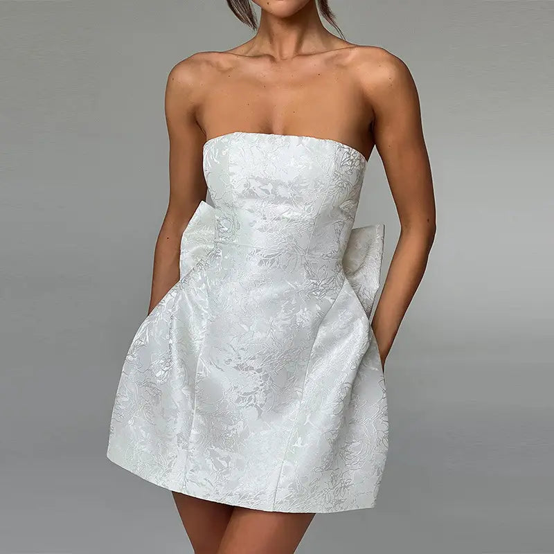Diedre White Tube Embroided Satin With Bow Mini Dress
