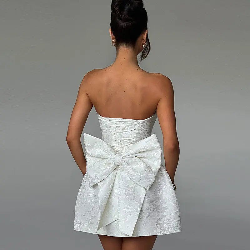 Diedre White Tube Embroided Satin With Bow Mini Dress