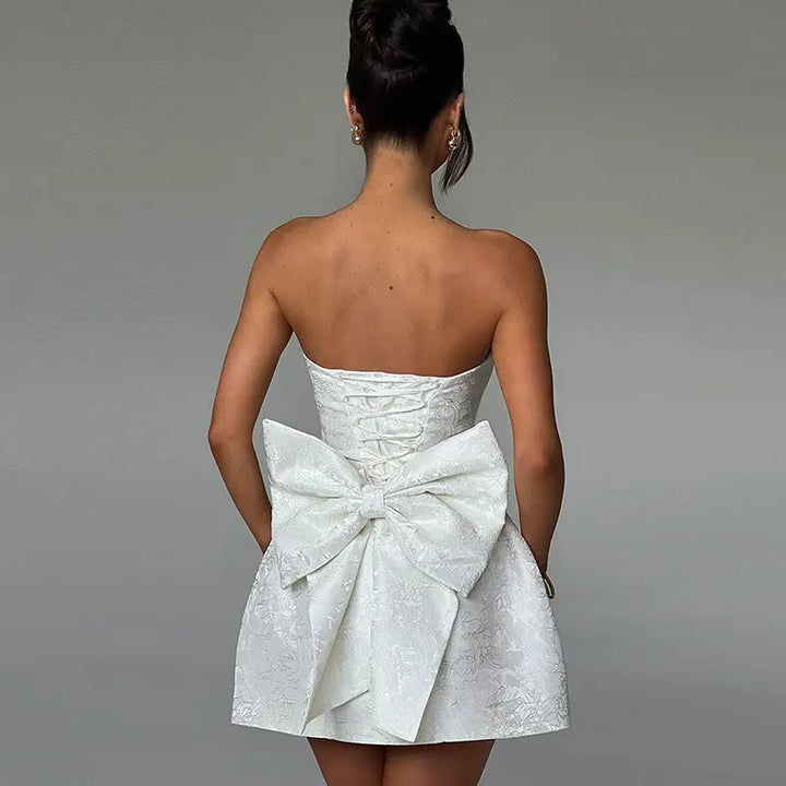 Diedre White Tube Embroided Satin With Bow Mini Dress