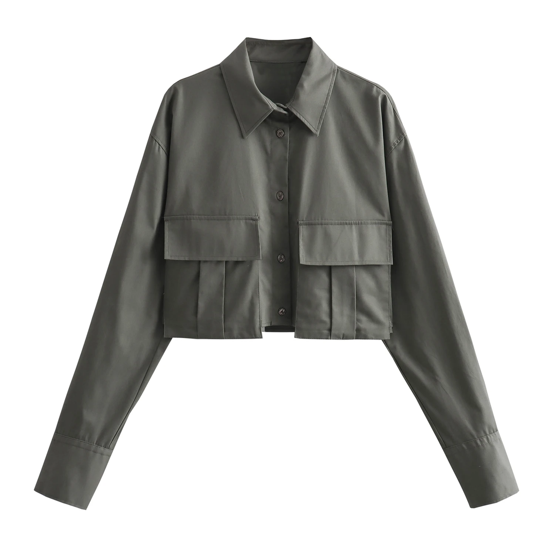 Darina Deep Green Turn Down Collar Button Up Front Pockets Long Sleeve Crop Top