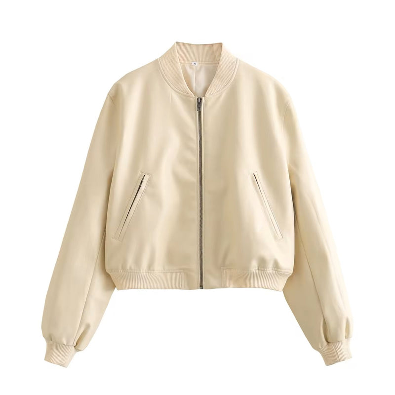 Damian Beige Latte Faux Leather Crew Neck Zip Up Long Sleeves Pilot Jacket