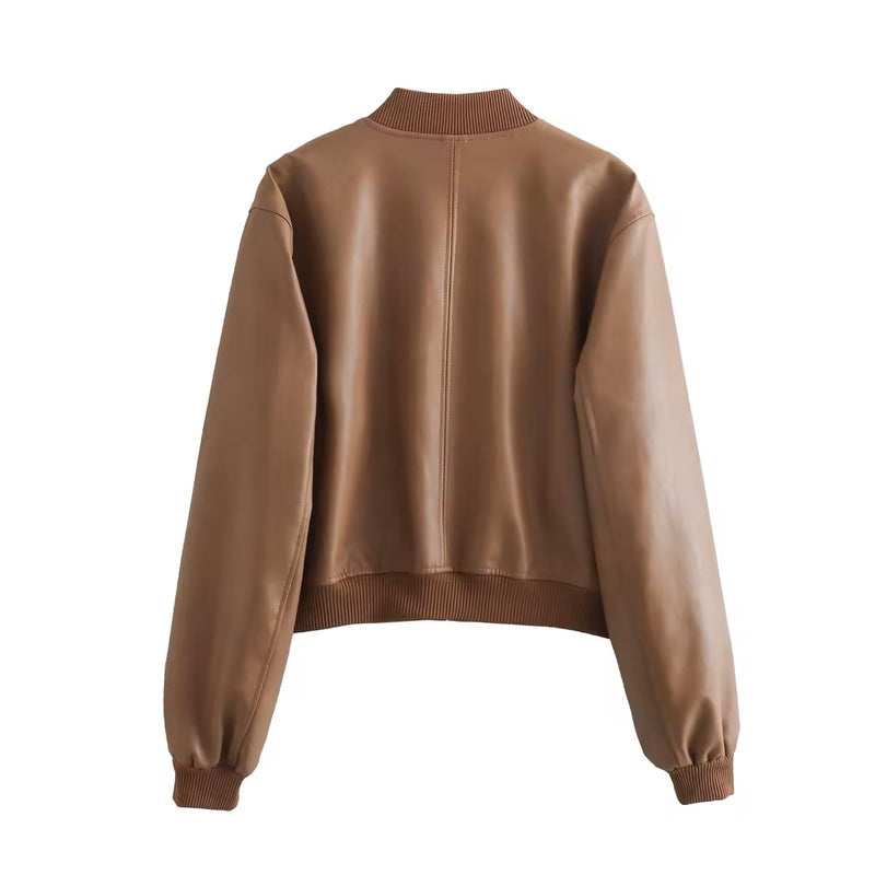 Damian Camel Brown Faux Leather Crew Neck Zip Up Long Sleeves Pilot Jacket