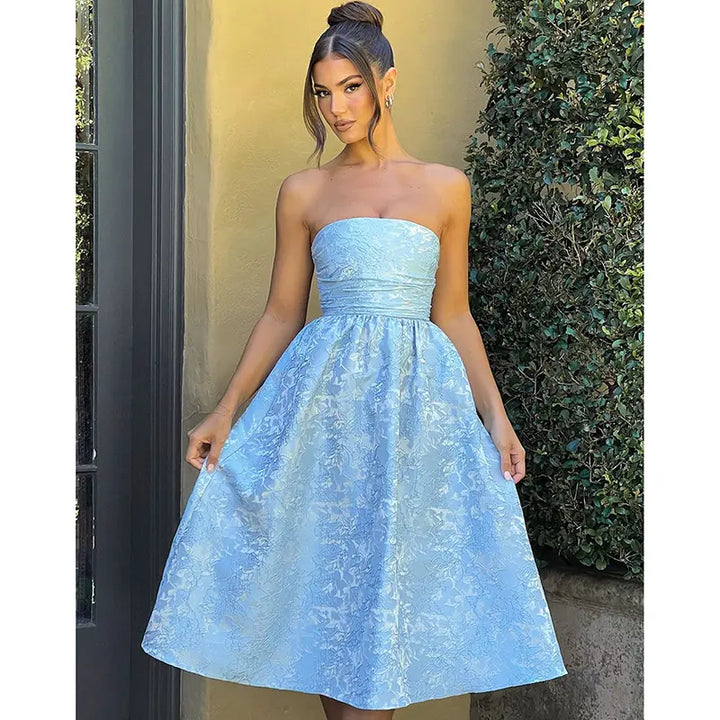 Everleigh Blue Tube A-Line Velvet Flower Midi Dress