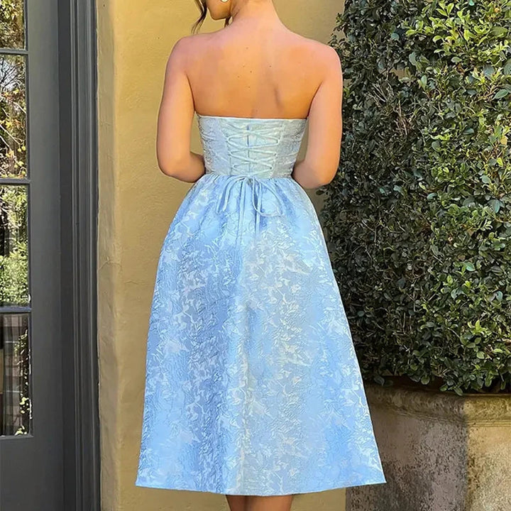 Everleigh Blue Tube A-Line Velvet Flower Midi Dress