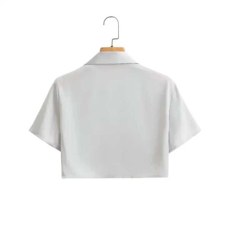 Edge Grey V Neck Turn Down Collar Buttons Up Short Sleeve Crop Top