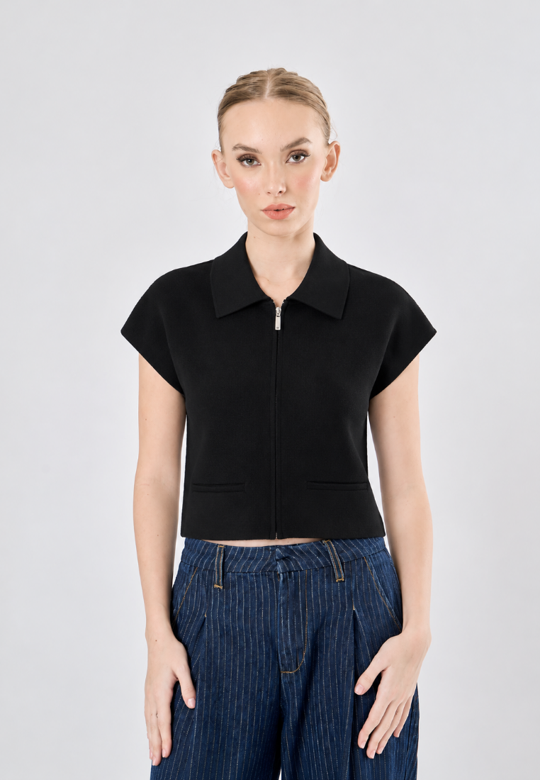 Elowyn Black Turn Down Collar Zipper Fly Crop Top