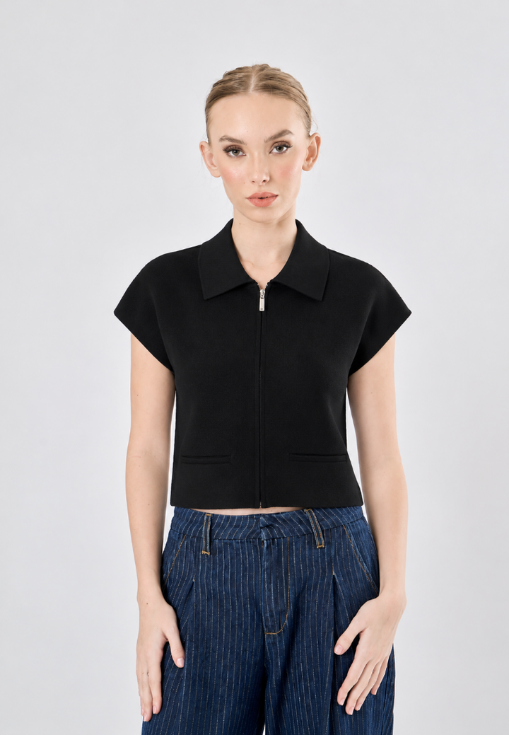 Elowyn Black Turn Down Collar Zipper Fly Crop Top