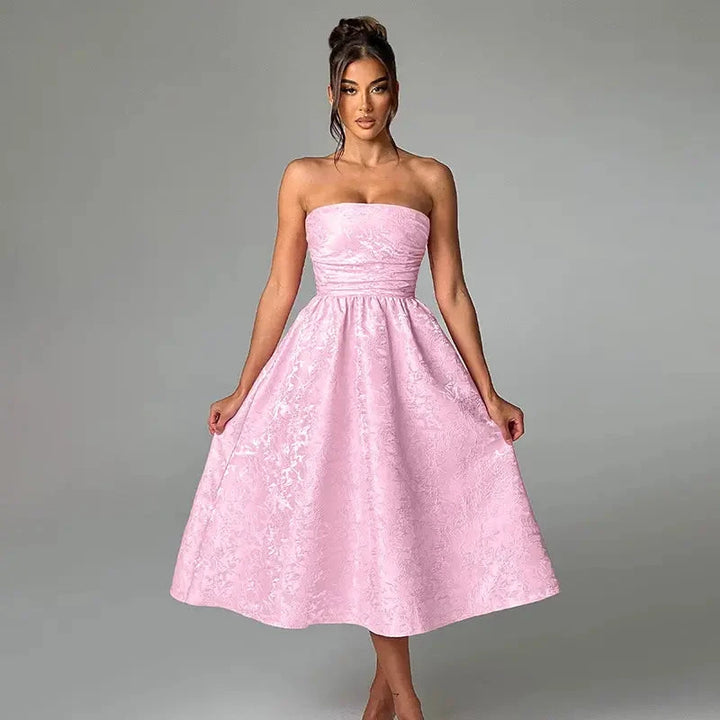 Everleigh Baby Pink Tube A-Line Velvet Flower Midi Dress