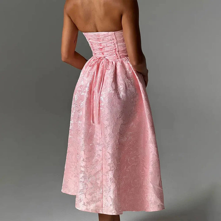 Everleigh Baby Pink Tube A-Line Velvet Flower Midi Dress