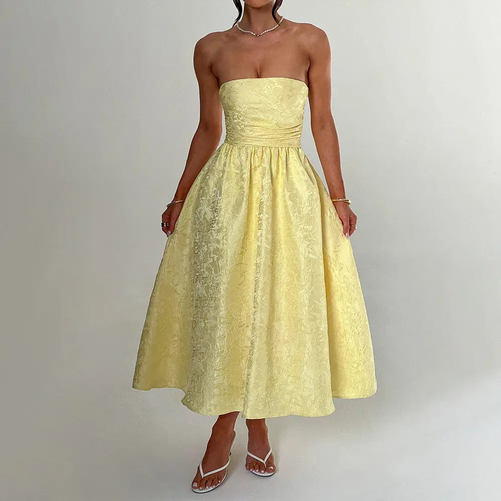 Everleigh Yellow Tube A-Line Velvet Flower Midi Dress