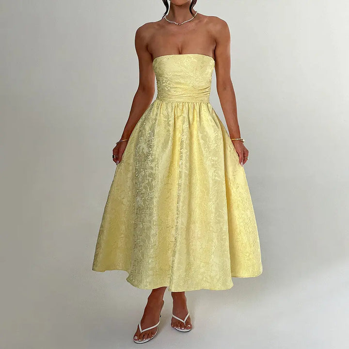 Everleigh Yellow Tube A-Line Velvet Flower Midi Dress