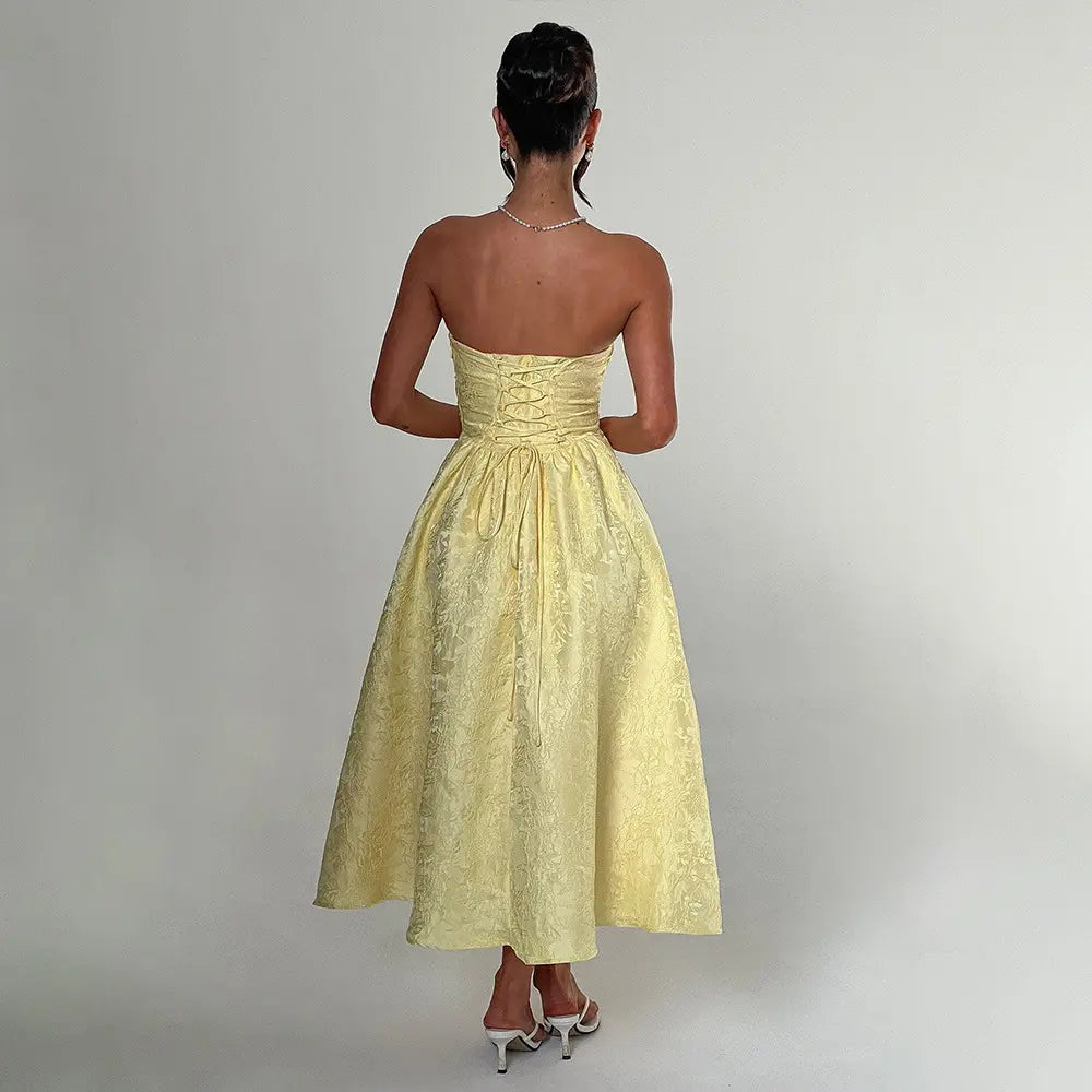 Everleigh Yellow Tube A-Line Velvet Flower Midi Dress
