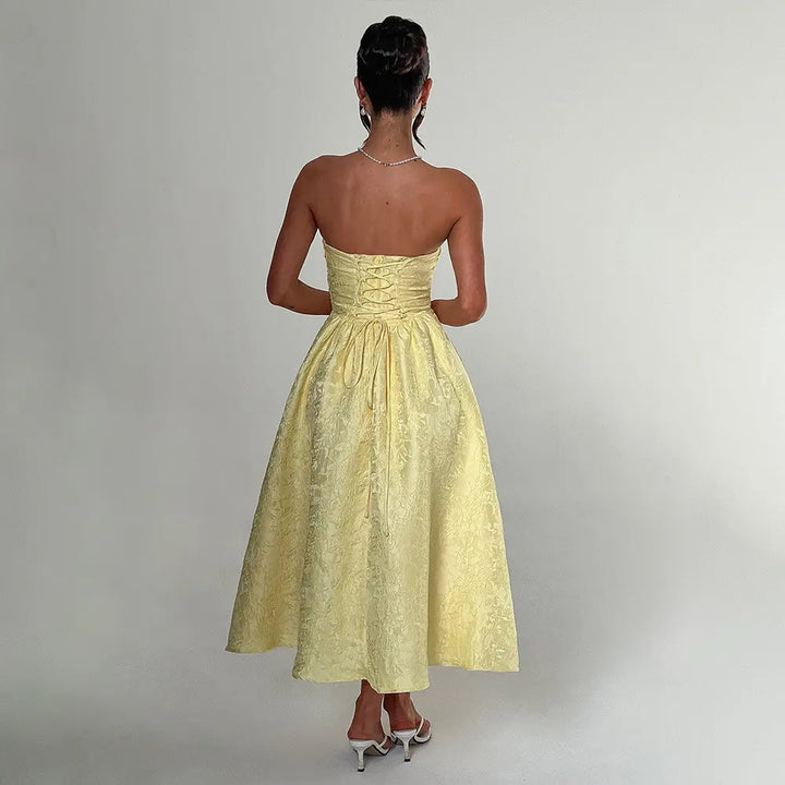 Everleigh Yellow Tube A-Line Velvet Flower Midi Dress