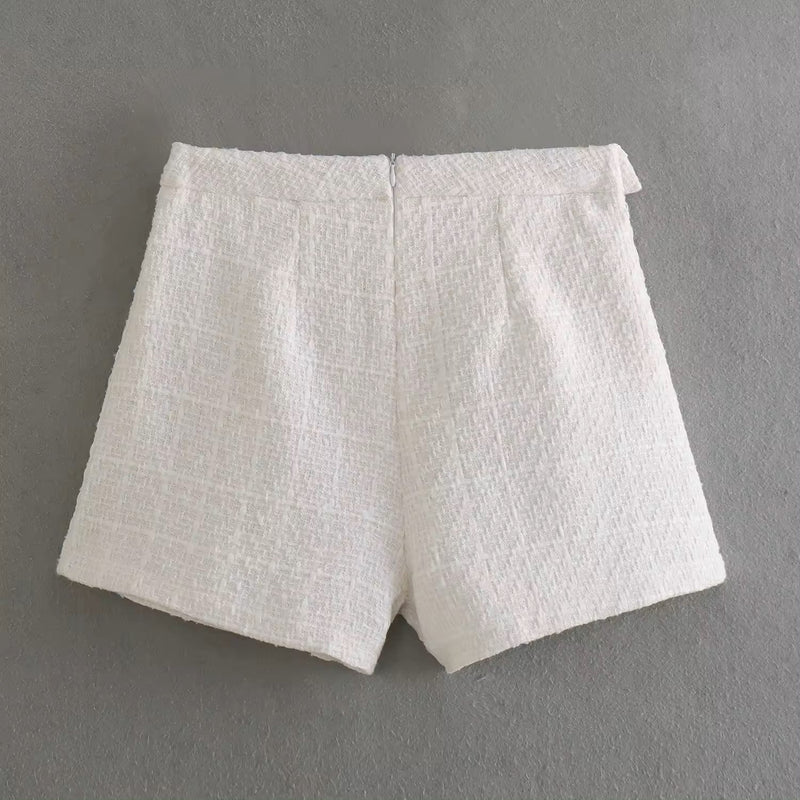 Eirwen Apricot White Side Buttons Back Zipper Tweed Shorts