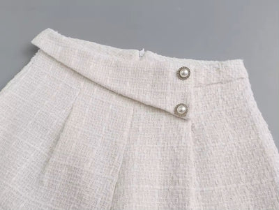 Eirwen Apricot White Side Buttons Back Zipper Tweed Shorts