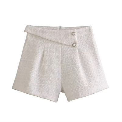 Eirwen Apricot White Side Buttons Back Zipper Tweed Shorts