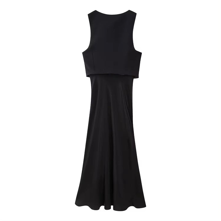 (PRE-ORDER: ETA August 5,2024)Elvire Black V Neck Buttons Up Sleeveless Front Hollow Out Maxi Dress