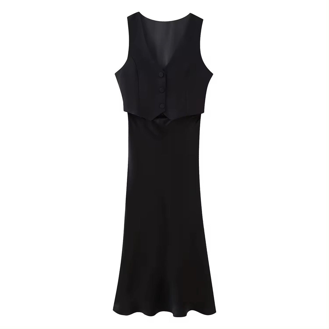 (PRE-ORDER: ETA August 5,2024)Elvire Black V Neck Buttons Up Sleeveless Front Hollow Out Maxi Dress