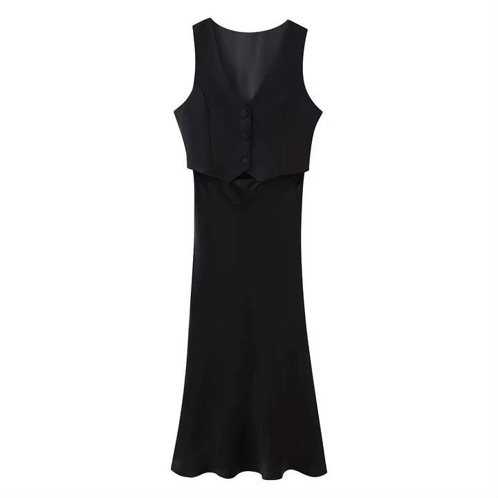 (PRE-ORDER: ETA August 5,2024)Elvire Black V Neck Buttons Up Sleeveless Front Hollow Out Maxi Dress
