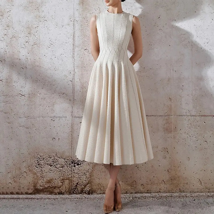 Emaline Beige Crew Neck Solid Color Sleeveless Midi Dress