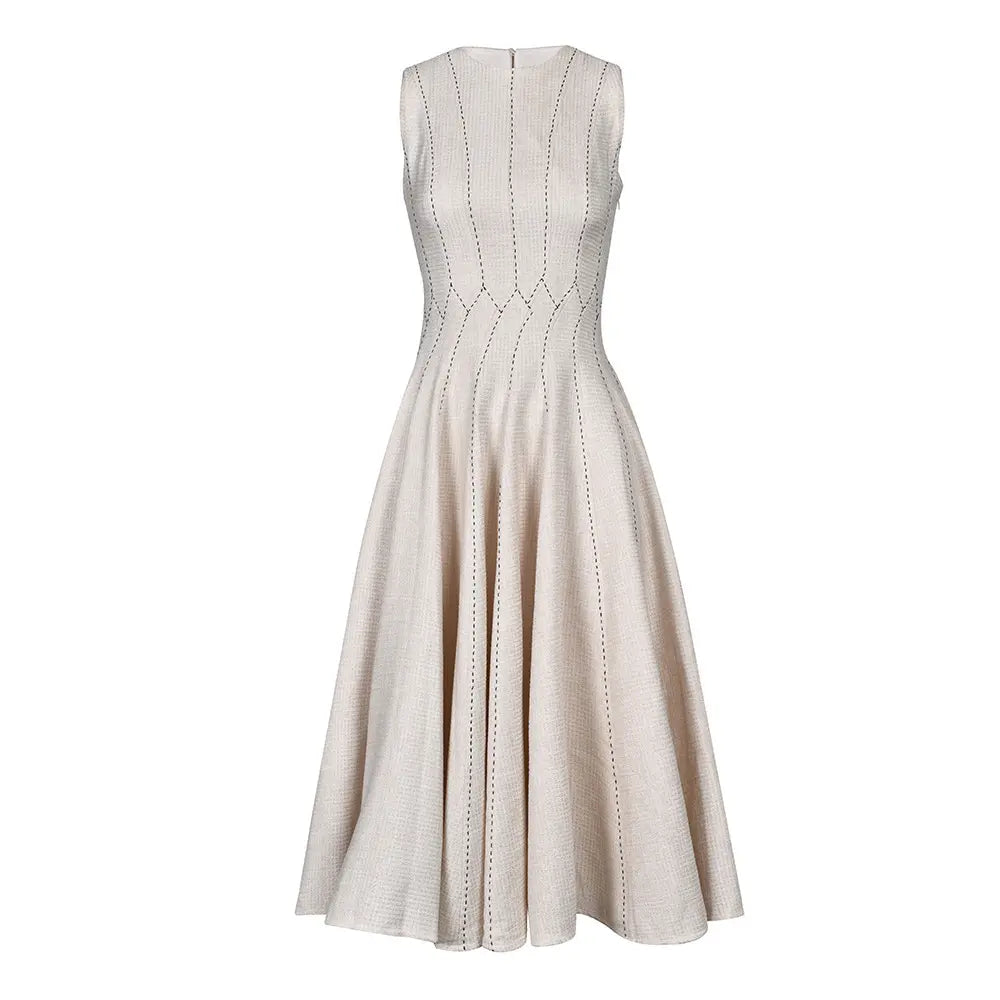 Emaline Beige Crew Neck Solid Color Sleeveless Midi Dress