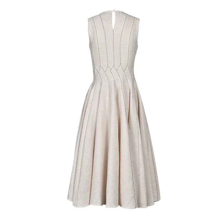 Emaline Beige Crew Neck Solid Color Sleeveless Midi Dress
