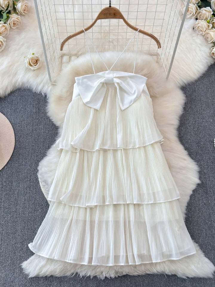 Esther Apricot White  Bow Holiday Style Hanging Neck Loose A-line Mini Dress